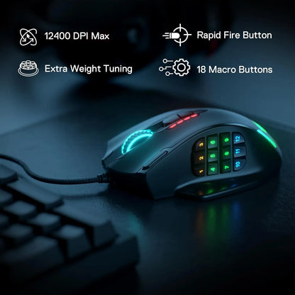 Rato Gaming com Fio USB Redragon M908 RGB com Retroiluminação LED, 18 Botões Programáveis e 12400 DPI