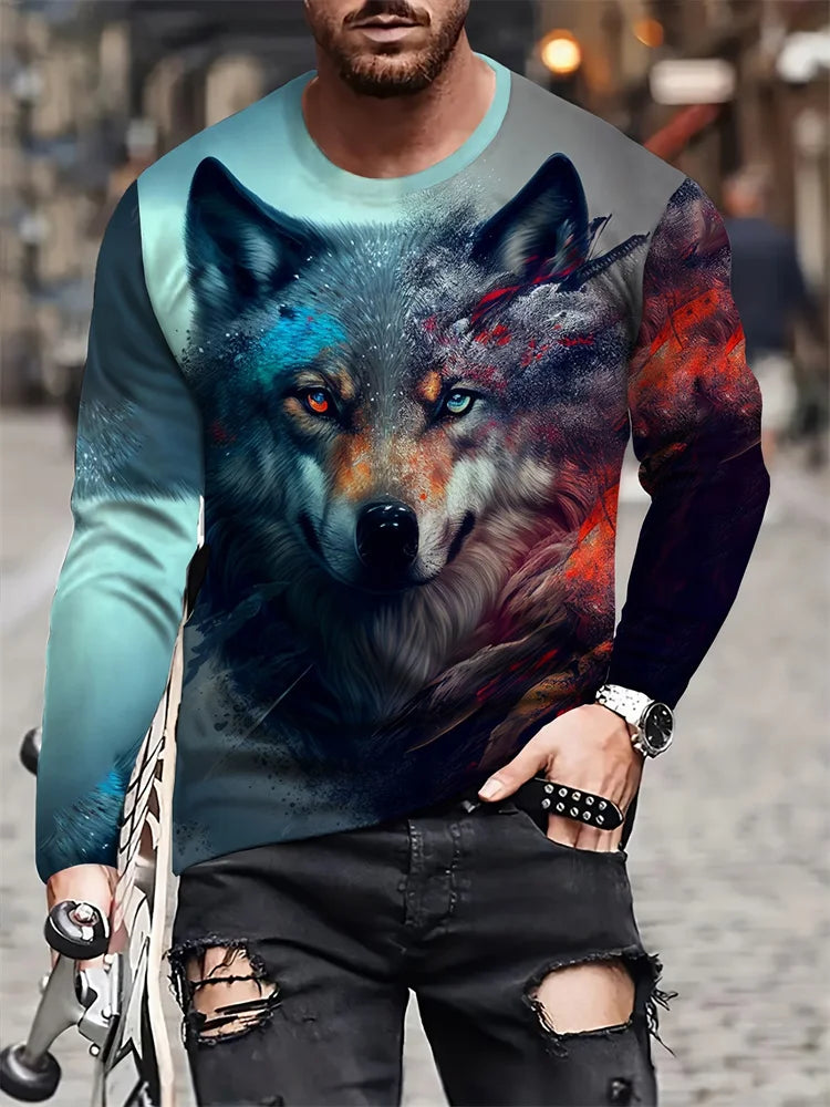 T-shirt de manga comprida para homem com novo estampado de lobo 2024, camisa casual diária de primavera e outono, moda streetwear masculina