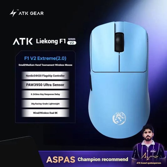 ATK Blazing Sky F1 V2 Ultra Max Wireless Gaming Mouse, Dual-Mode 8K PAW3950 Ultra Lightweight Ergonomic Gaming Mouse