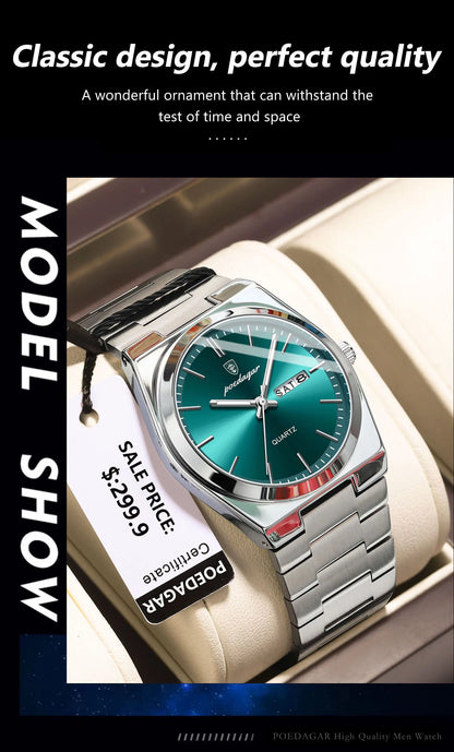 POEDAGAR Luxury Men's Watches Waterproof Luminous Date Week Men Watch Stainless Steel Casual Fashion Quartz Man Wristwatch Reloj