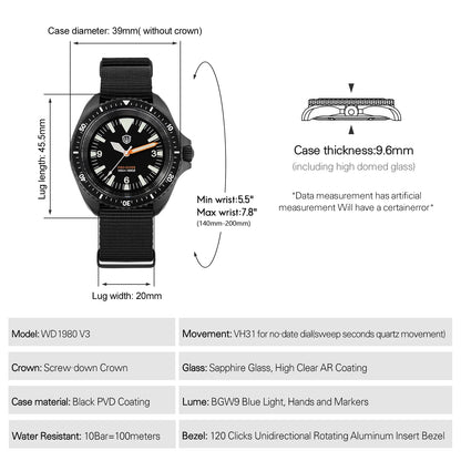 Watchdives WD1980 V3 Watch Vintage VH31 Quartz Movement Stainless Steel Watches Luminous K1 10Bar Waterproof Wristwatch