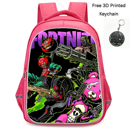 FORTNITE 16-inch Durable Lightweight Backpack, Dual Zipper Pockets, Cartoon Style for Boys & Girls 6-10,Free 3D Printed Keychain
