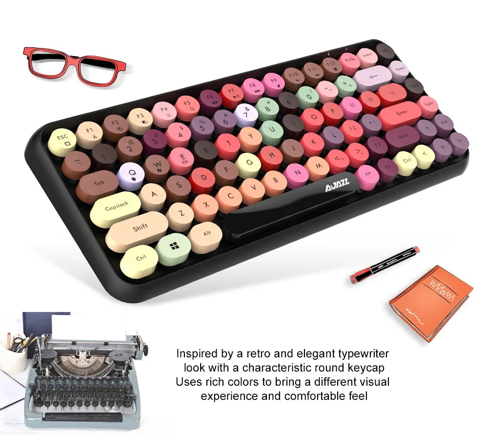 AJAZZ 308i Wireless Bluetooth Keyboard 84 Keys Rechargeable Retro Round Typewriter Keycaps, Portable Mechanical Keyboard