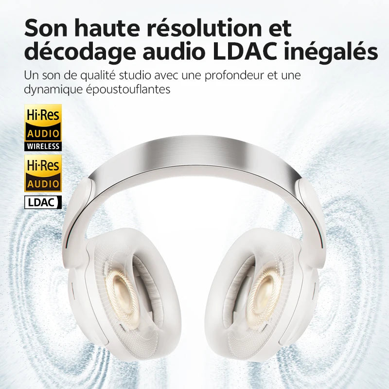 QCY H3S -56dB ANC adaptativo Auscultadores Bluetooth 6.0 circum-aurais – Headset sem fios Hi-Res LDAC, bateria de 102H, som espacial Dual Driver