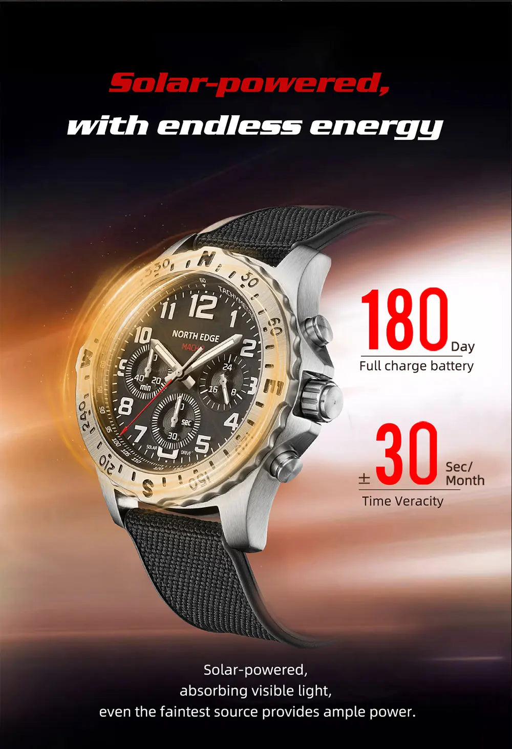 NORTH EDGE 2024 MACH 2 Men's Watches Solar Power 316 stainless steel Case Quartz Watch For Men Pilot Waterproof 50M Stopwatch