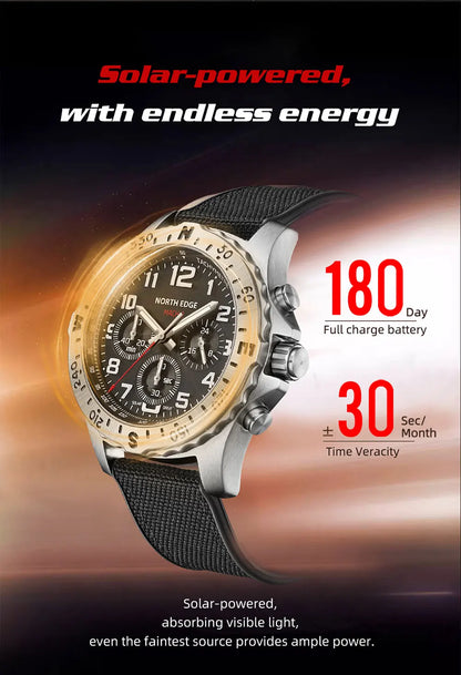 NORTH EDGE 2024 MACH 2 Men's Watches Solar Power 316 stainless steel Case Quartz Watch For Men Pilot Waterproof 50M Stopwatch