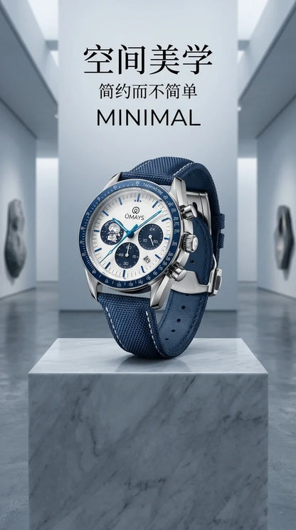 OMAYS Men's Luxury Sport Watch, 50th Anniversary Edition, Blue Nylon Band, Chronograph Quartz Wristwatch