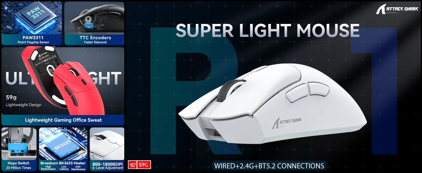 Rato Gaming Tri-mode ATTACK SHARK R1, sensor PixArt PAW3311, 18000 DPI, 1000hz, 59g ultraleve para mãos grandes, para PC/Mac