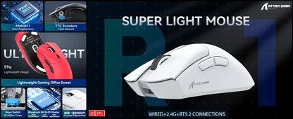ATTACK SHARK R1 trostruki gaming miš, PixArt PAW3311 senzor, 18000 DPI, 1000hz, 59g, ultralagan za velike ruke, za PC/Mac