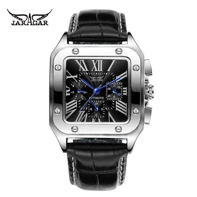 Fashion Jaragar Top Brand Men's Stylish Casual Skeleton Automatic Watch Multifunction Genuine Leather Strap Square Dial Business