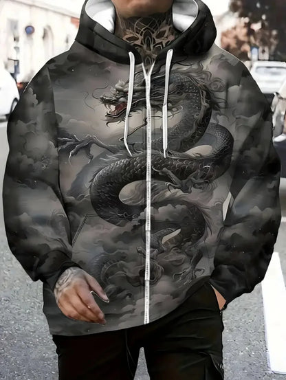 Mens Dragon Print Zipper Hoodie Outdoor Activities Travel Drawstring Long Sleeve Hoodies Autumn Winter Oversize Man Sweatshirts