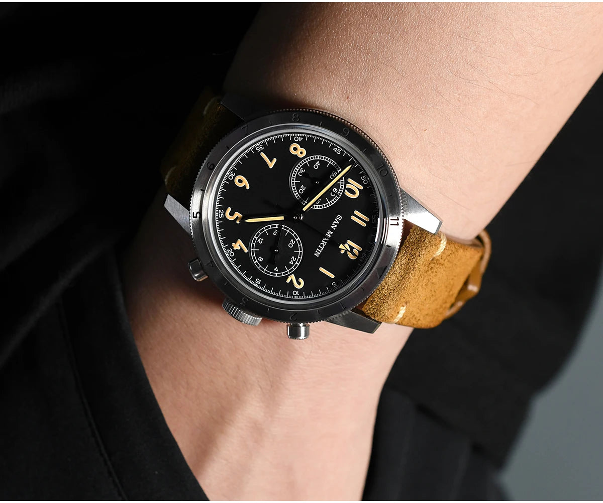 San Martin Vintage Men Quartz Watch Pilot VK64 Chronograph Watches Waterproof Luminous Quick Release Leather Strap SN0127