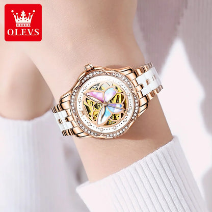 OLEVS 6615 Top Original Automatic Mechanical Wrist Watch for Women Luxury Elegant Diamond Hollow Colorful Butterfly Ladies Watch