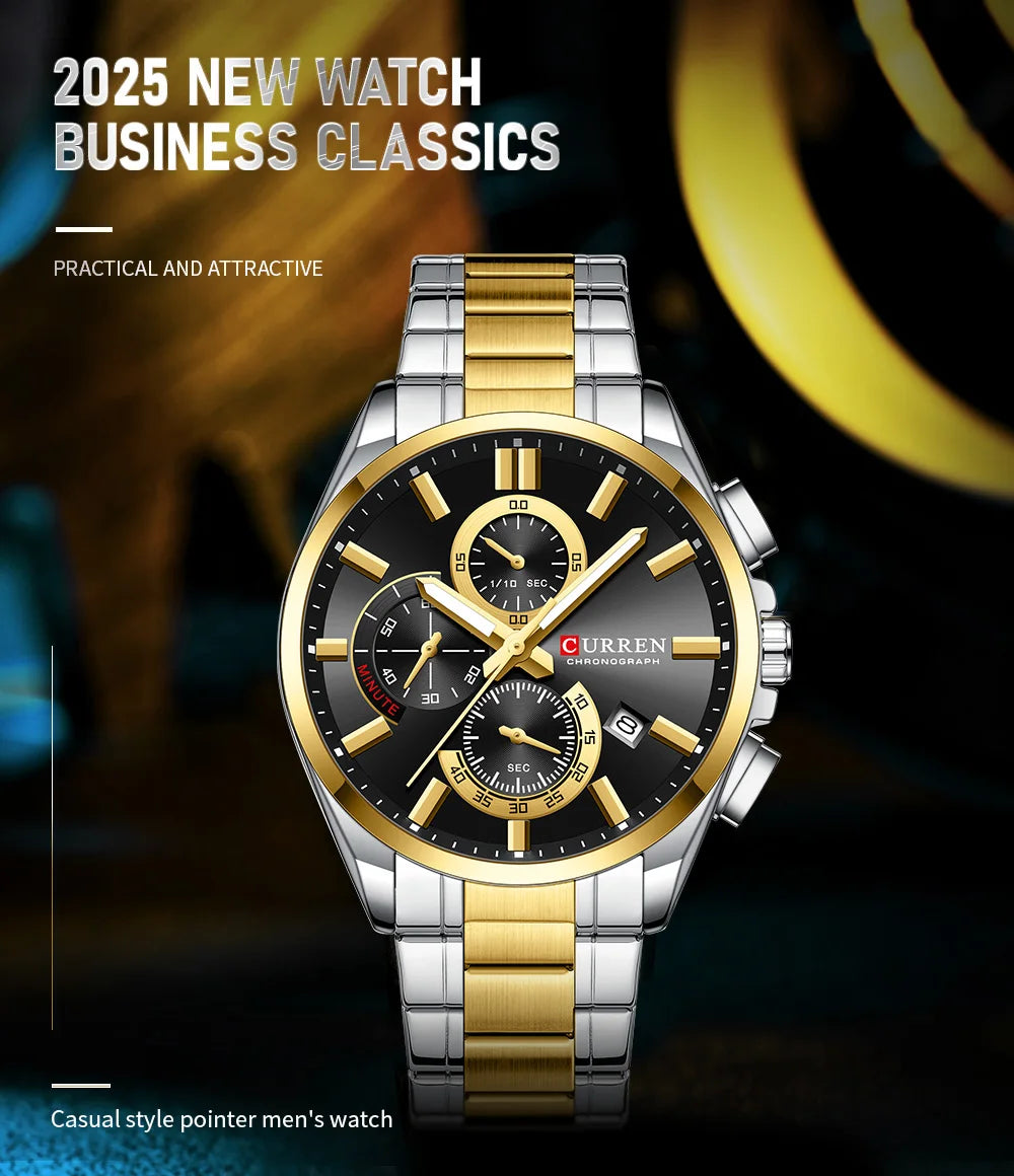 CURREN Men's Stainless Steel Chronograph Watches with Luminous Hands,Triple Sub-Dials Auto Date Fashion Design Quartz Wristwatch