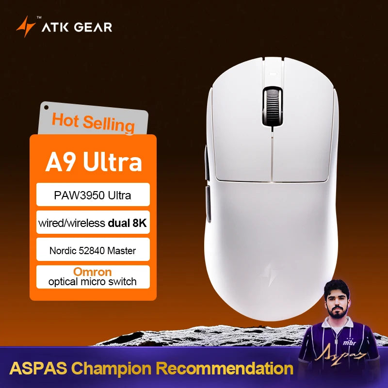 ATK Dragonfly A9 Ultra Wireless Gaming Mouse PAW3950, Tri-Mode 8K Gaming Mouse, Ultra-Lightweight Ergonomic Esports Mouse for FPS Gaming