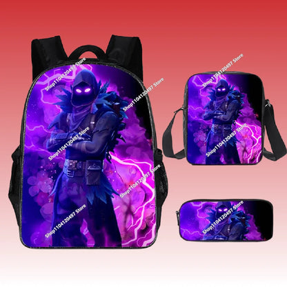 3pcs/set Mochila Fortnite de grande capacidade para estudante, estilo anime e cartoon, estojo, lancheira kawaii, presentes de aniversário