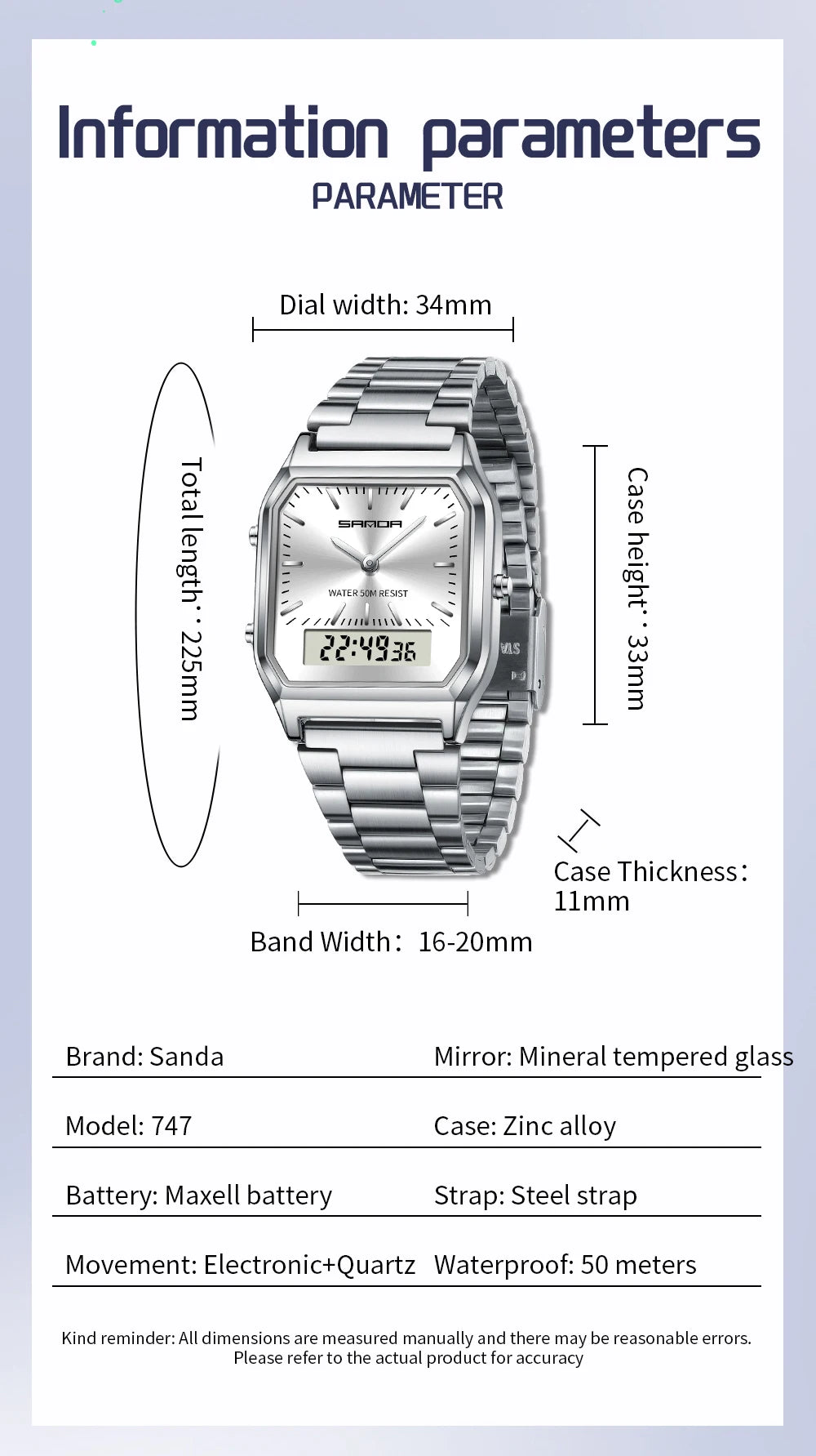SANDA 747 Men’s & Women’s Luxury Digital Sports Watch  Stainless Steel, LED Dual Display & Waterproof