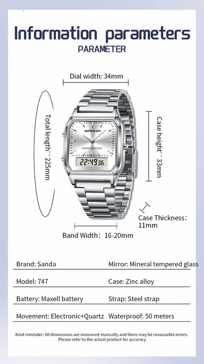 SANDA 747 Men’s & Women’s Luxury Digital Sports Watch  Stainless Steel, LED Dual Display & Waterproof