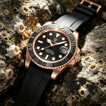 PAGANI DESIGN Automatic Watch Rose Gold Diver Watch 100M Waterproof Luxury Sport Wristwatch Black Rubber Strap Relogio Masculino