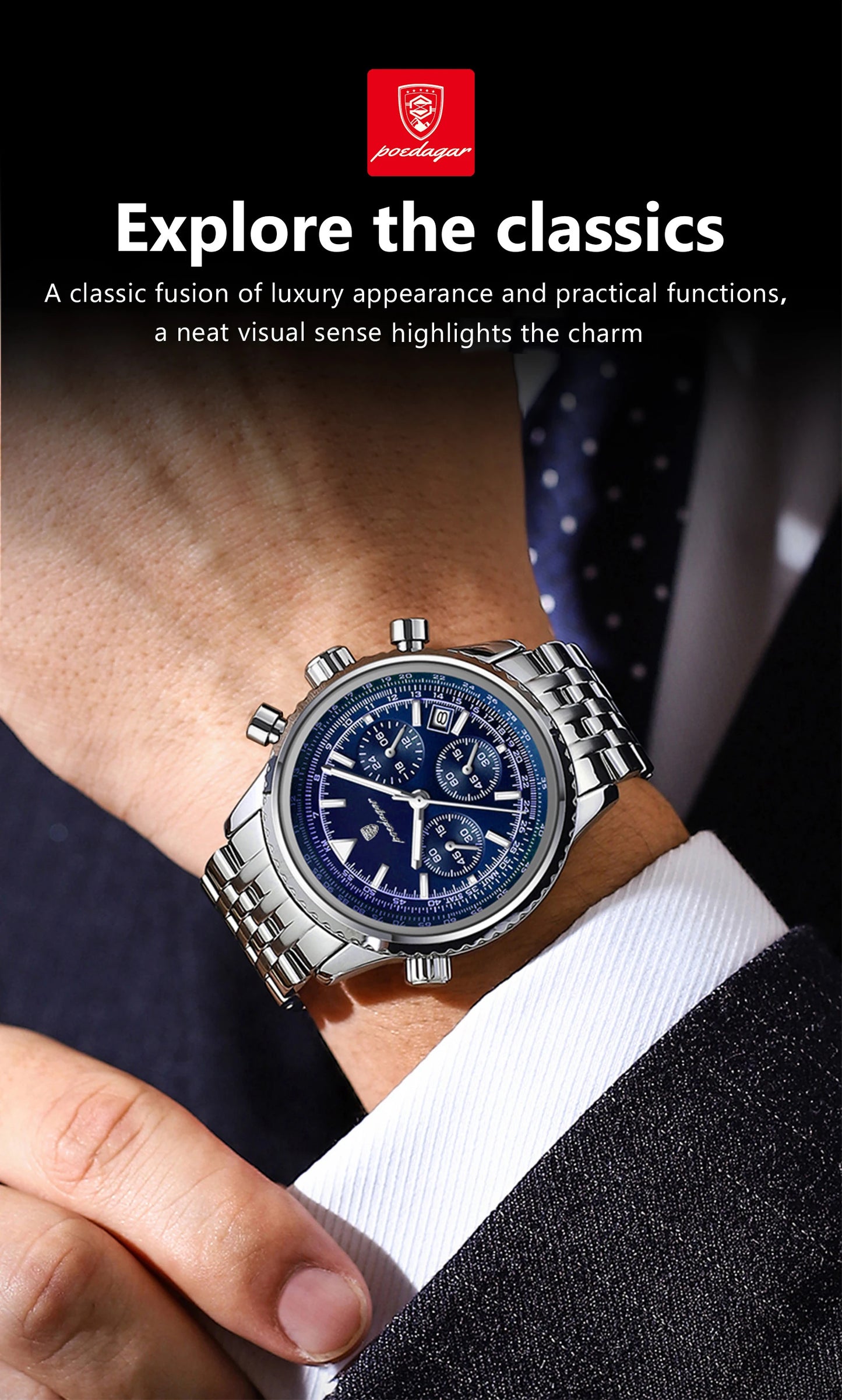 POEDAGAR Fashion Military Men's Watches Waterproof Luminous Date Chronograph Man Watch Stainless Steel Luxury Quartz Male Clock