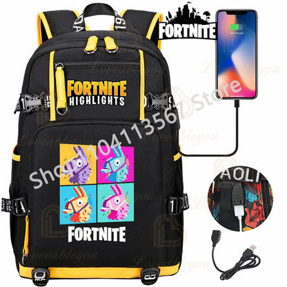 Mochila Red Jade F-Fortnited Battle Royale com carregamento USB, figuras anime e compartimento para material escolar para estudantes