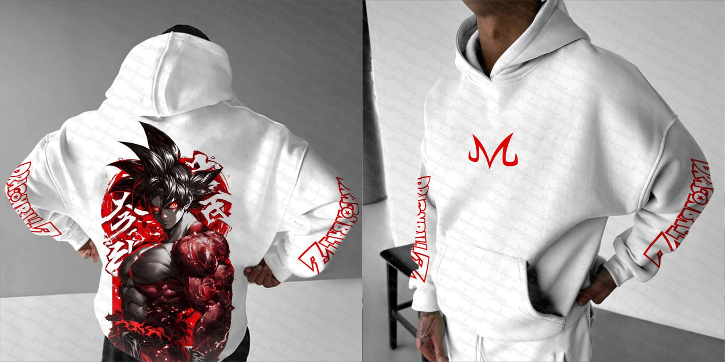 Dragon Ball Z Goku White Hoodie and Pants Set Men Women Anime Character Print Two Piece Outfit with Red Logo and Super Saiyan
