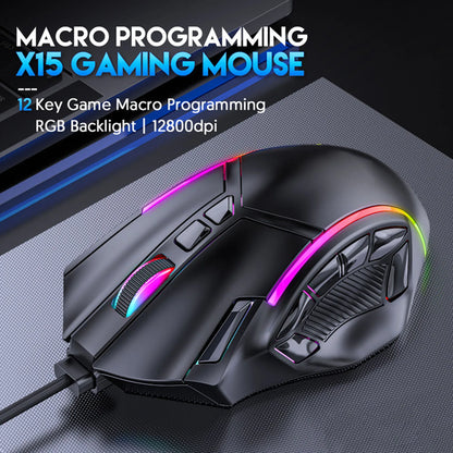 Rato Gaming RGB com Fio 12800DPI, 12 Teclas com Definição de Macros, Acessórios de Substituição para Computador, Funcionamento Fotoelétrico