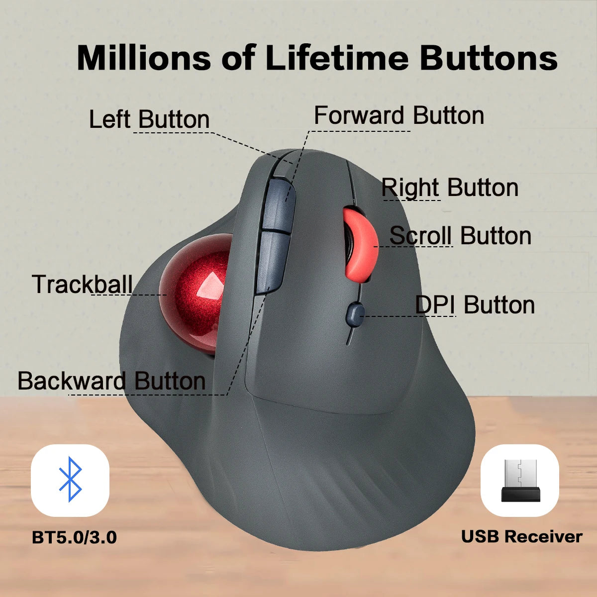 Bezprzewodowa mysz trackball JOMAA, pionowa, ładowalna mysz z kulką, ergonomiczna, cicha mysz gamingowa do komputerów z Windows