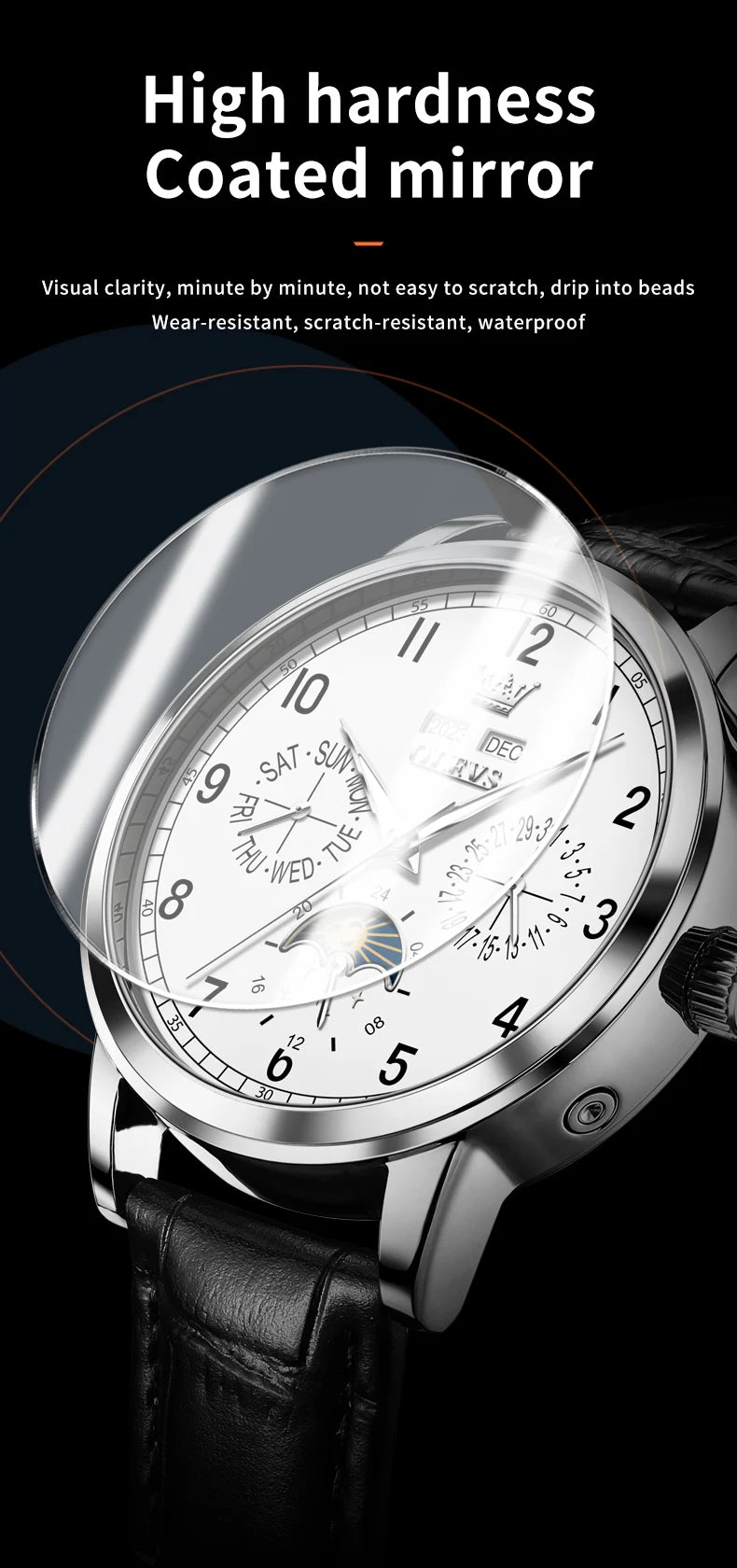 OLEVS 6698 Mens Watch Luxury Dress Brand Moon Phase Automatic Mechanical Watch For Men Leather  Waterproof Dual Calendar Watch