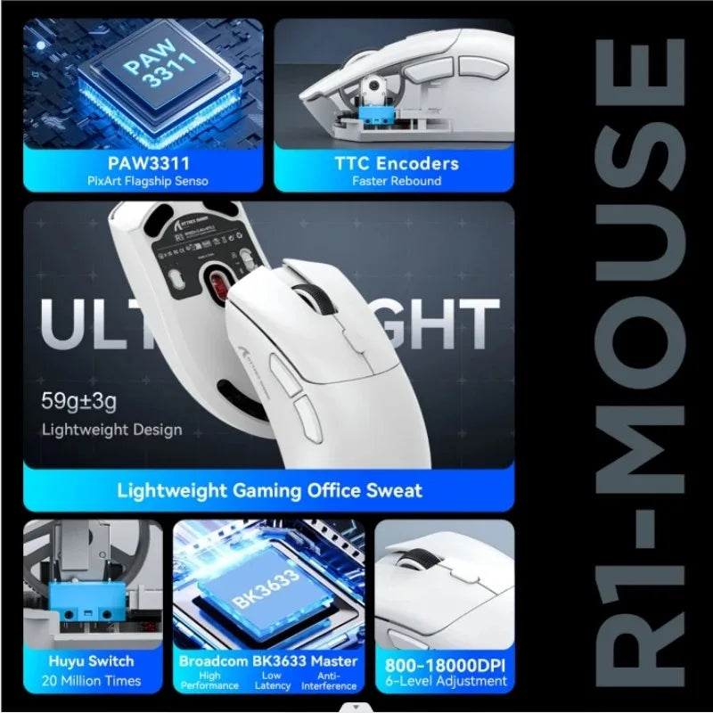 Rato Bluetooth ATTACK SHARK R1 — Rato Viral Avaliado por Influencers, autêntico direto da marca, sensor PAW3311 com 1K Hz para gaming