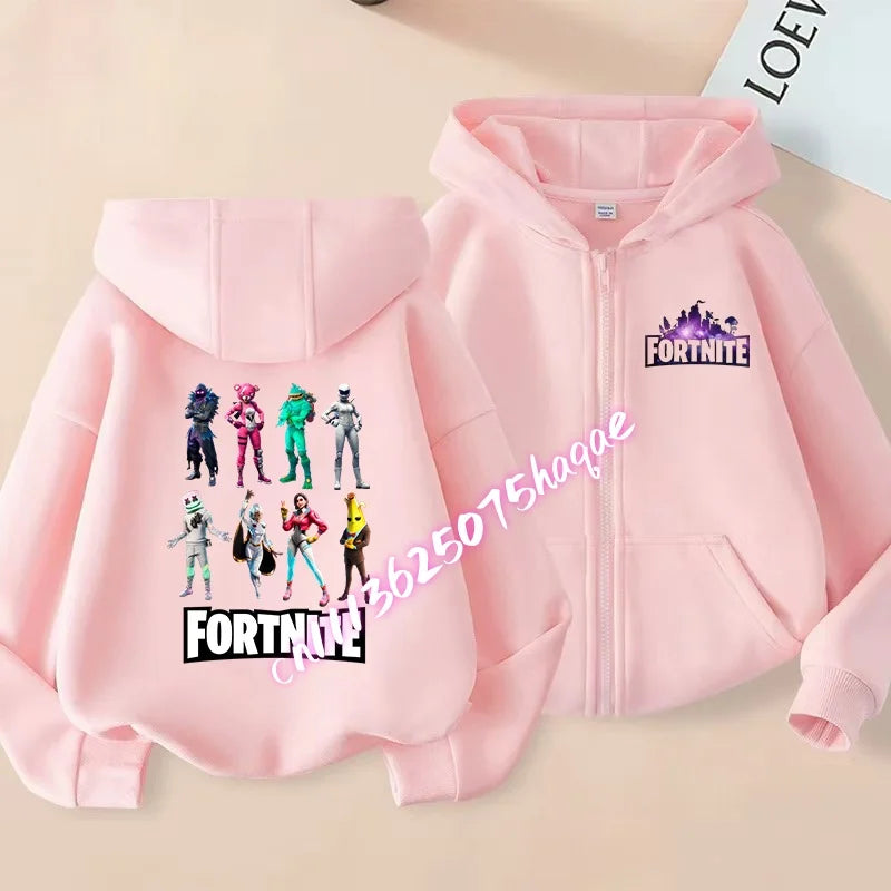 Novo hoodie infantil Fortnite com fecho de correr, estilo cartoon anime, casual e respirável, casaco para meninos, primavera 2026, roupa para criança