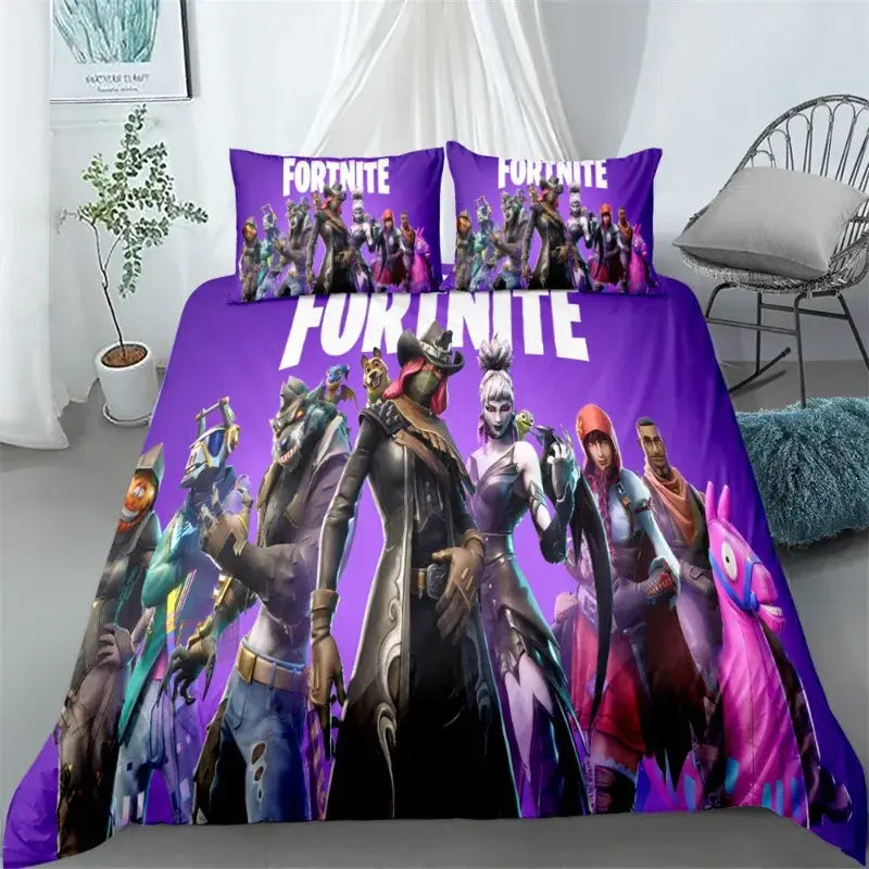 Set de lenjerie de pat Fortnite, 3 piese, imprimare 3D, lenjerii pentru dormitor, joc, desen animat, lenjerie decorativă, husă de pilotă, față de pernă, cadou de ziua de naștere