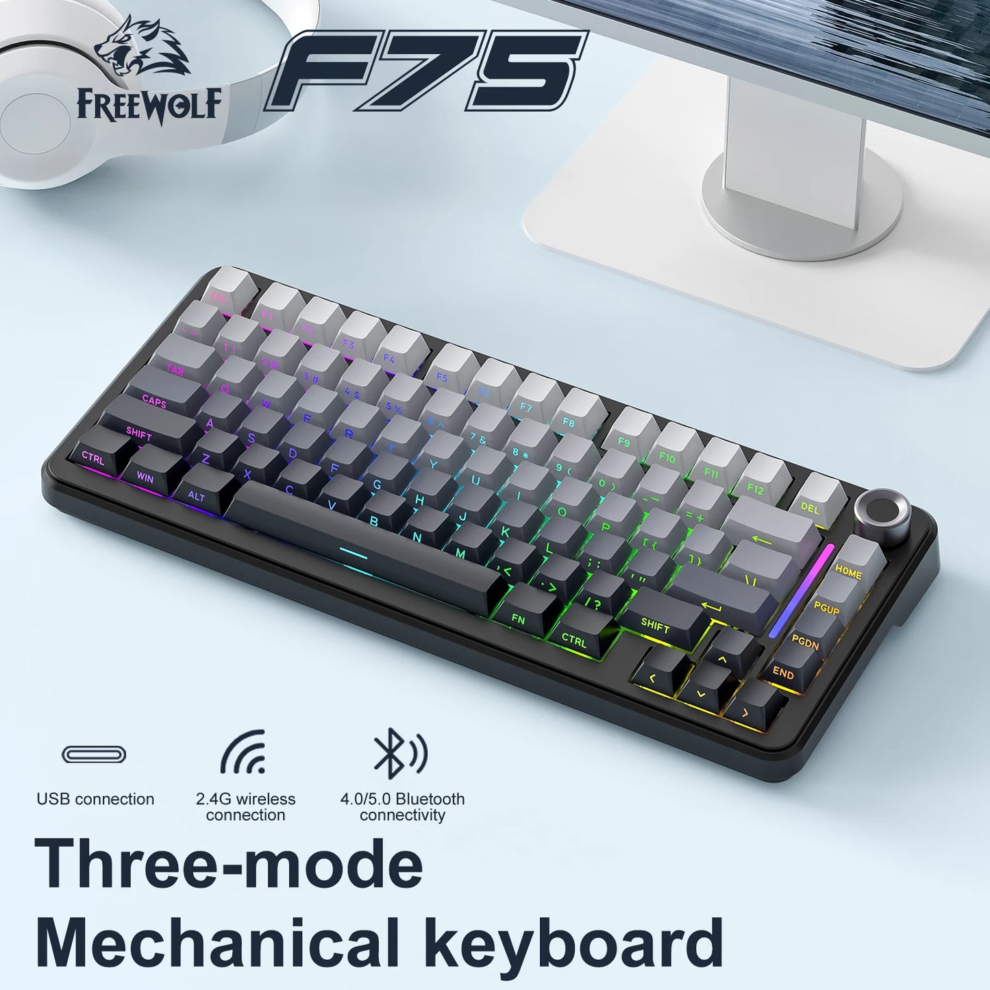 F75 Mechanical Keyboard FREEWOLF 81 Keys Layout Metal Knobs PBT Keycaps, Fully Hot-swappable Keys RGB Multi-color Backlighting