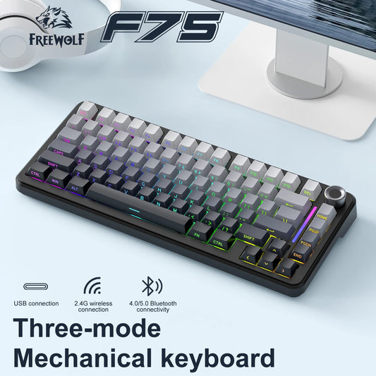 F75 Mechanical Keyboard FREEWOLF 81 Keys Layout Metal Knobs PBT Keycaps, Fully Hot-swappable Keys RGB Multi-color Backlighting