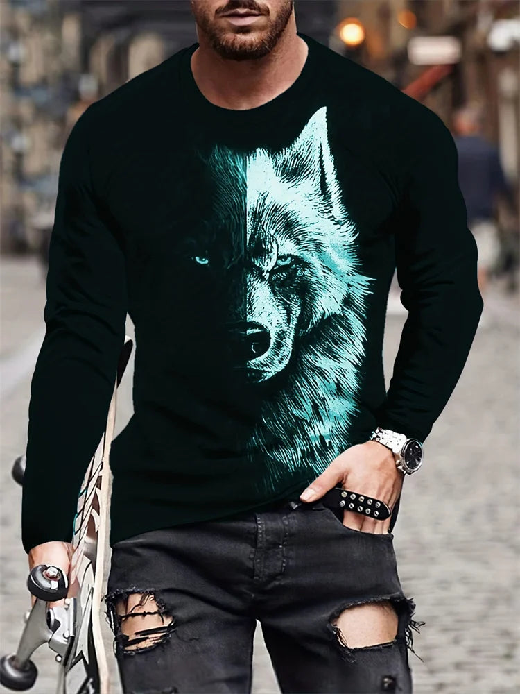 T-shirt de manga comprida para homem com novo estampado de lobo 2024, camisa casual diária de primavera e outono, moda streetwear masculina