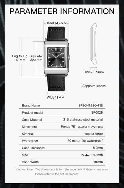 Specht&Söhne Reversible Square Watch Ronda Quartz Movt Stainless Steel Case Sapphire Crystal Flip Design Mens Fashion Wristwatch