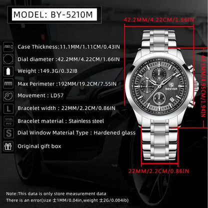 BENYAR 2024 New 40MM Men's Quartz Watch 50M Waterproof Automatic Diving Watch Luxury Fashion Men's Stainless Steel Watch