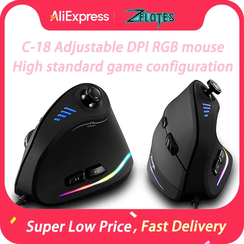 Rato Vertical ZELOTES C-18, rato ótico com 11 teclas, RGB, joysticks e laser programáveis, para PC e computador gaming