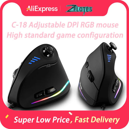 Rato Vertical ZELOTES C-18, rato ótico com 11 teclas, RGB, joysticks e laser programáveis, para PC e computador gaming
