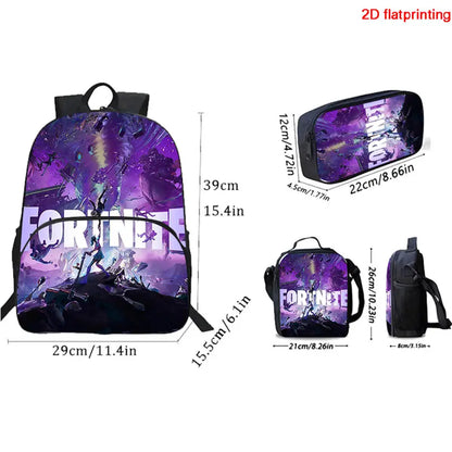 3Pcs FORTNITE Cartoon School Set Lightweight Backpack Front Pocket Lunch & Pencil Case For Kids Age 5-9 Free 3D Printed Keychain