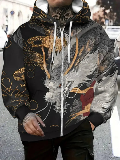 Mens Dragon Print Zipper Hoodie Outdoor Activities Travel Drawstring Long Sleeve Hoodies Autumn Winter Oversize Man Sweatshirts