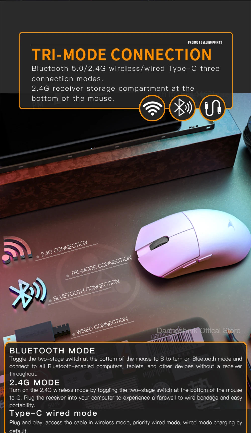 Darmoshark M3Pro Gaming-Maus 2.4G BT kabellos Tri-Mode PAW3395 Sensor N52840 26000DPI für große Hände mit Makro-Treiber – Maus für Gaming