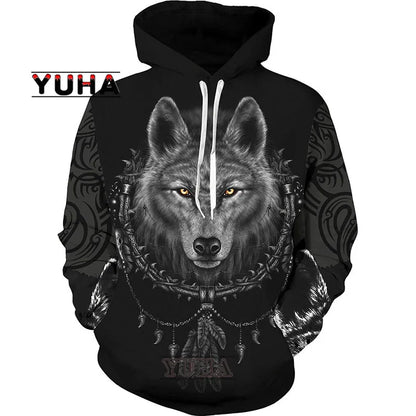 Sweatshirt com Capuz Unissexo Wolf com Impressão 3D, Pullover Cool com Gráfico Animal, Streetwear Masculino