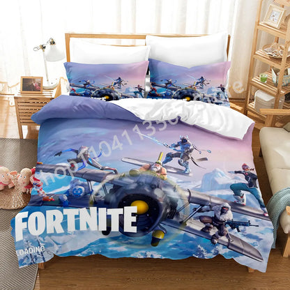 Conjunto de Cama Battle Royale F-Fortnite 3 Peças para Crianças, Capa de Edredão, Colcha e Fronha, Tamanho Duplo, Decoração de Quarto Victory Game