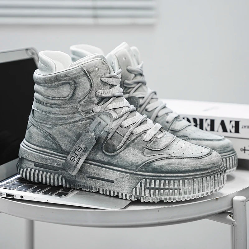 Autumn and winter high top men's shoes fashion trend retro gray children's and young men's parent-child shoes work sports and le
