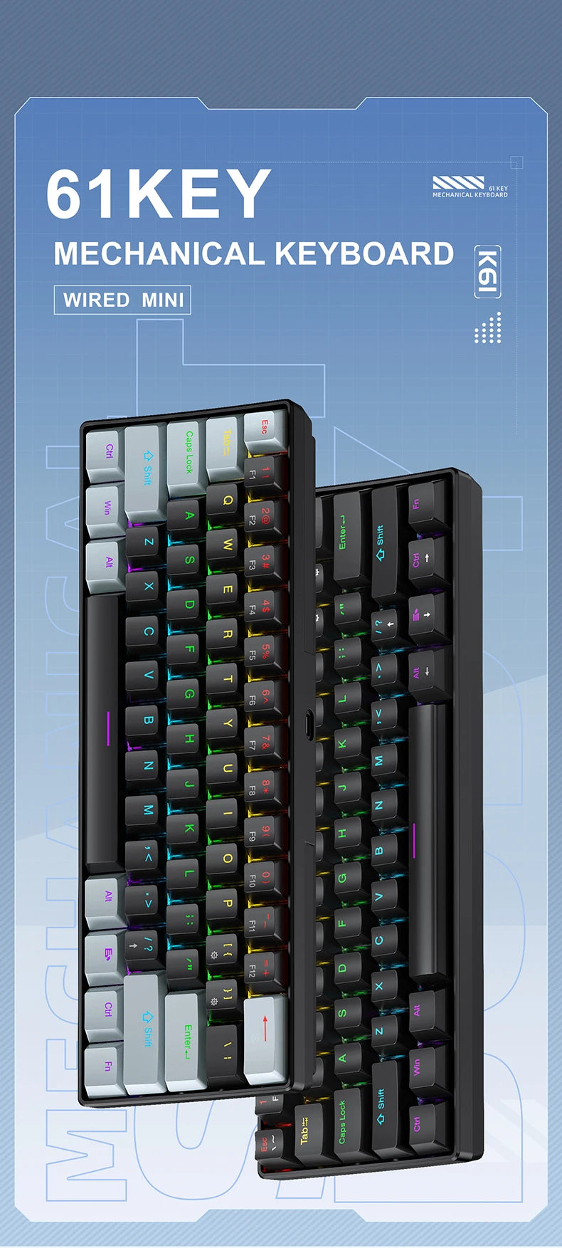 APAYADO K61 Mini Mechanical Keyboard, Wired, 61 Keys, Phantom RGB, Black/White Red/Blue Mechanical Switch for Gaming, 60% Portable