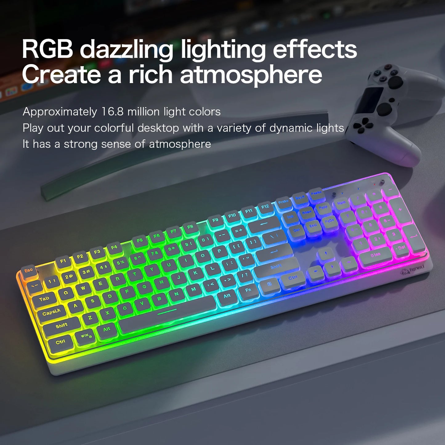 Freewolf M104 Tri-Mode Wireless Keyboard RGB 104 Keys Ultra Slim Quiet Membrane 4000mAh Large Battery for Office & Home