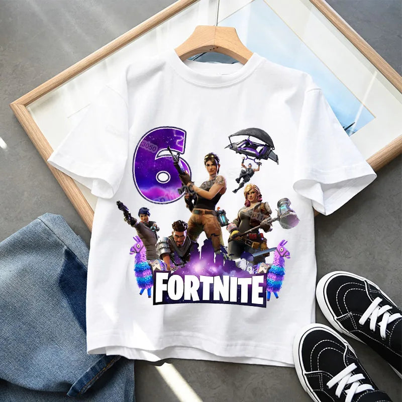 T-shirt Fortnite com Número de Aniversário para Crianças, Raparigas e Rapazes, Roupa de Verão, T-shirt em Algodão para Bebé, Top de Manga Curta para Festa, Presente para Criança Pequena