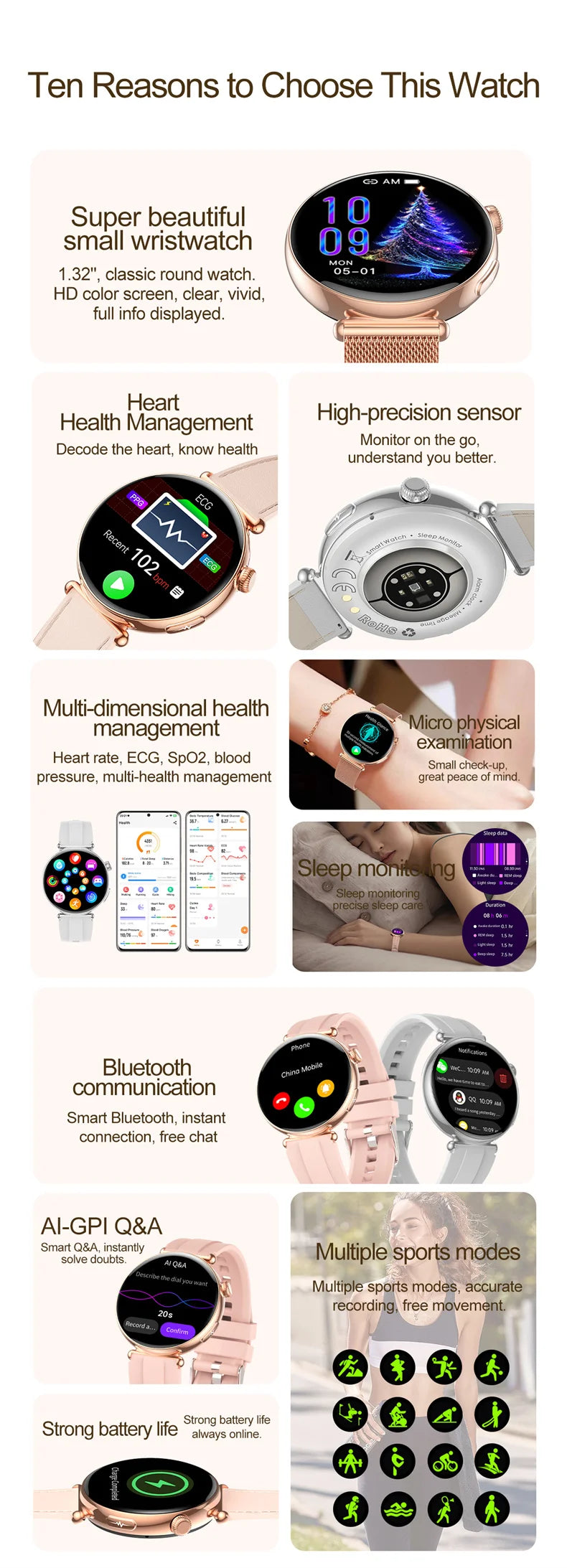 New 1.32inch Smart Watch For Women Health ECG Health Lady Watches Full Touch Screen Call Custom Dial Diamond Strap Smartwatch