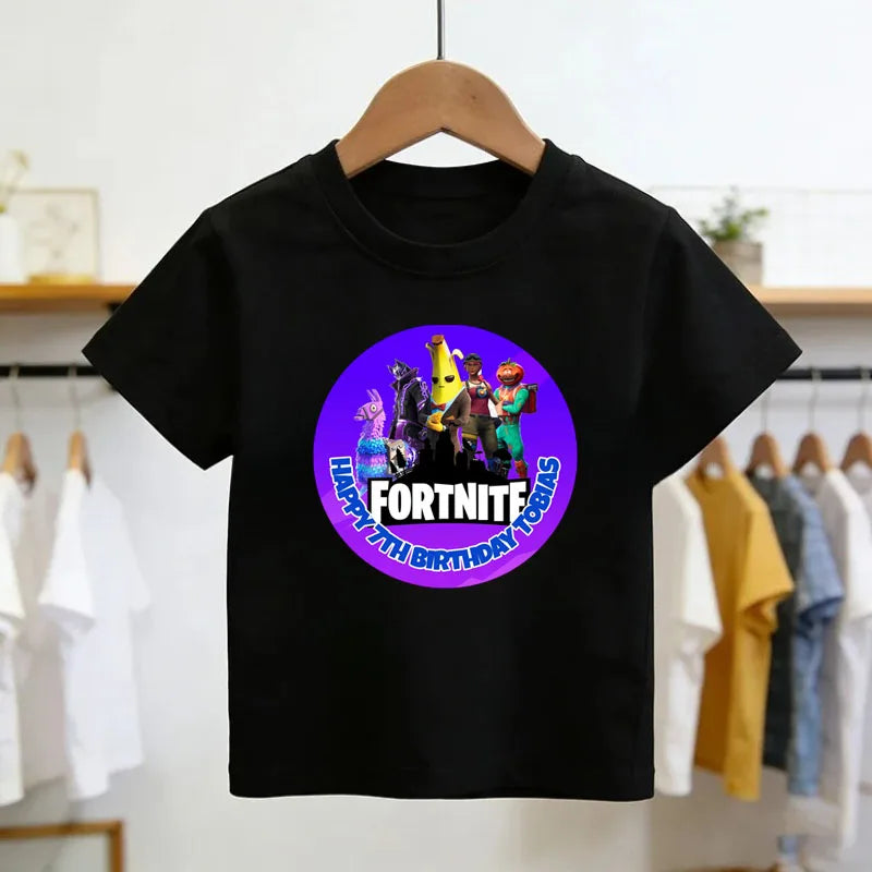 T-shirt infantil branco de algodão com estampado cartoon do tema Fortnite, manga curta, verão, jogo popular